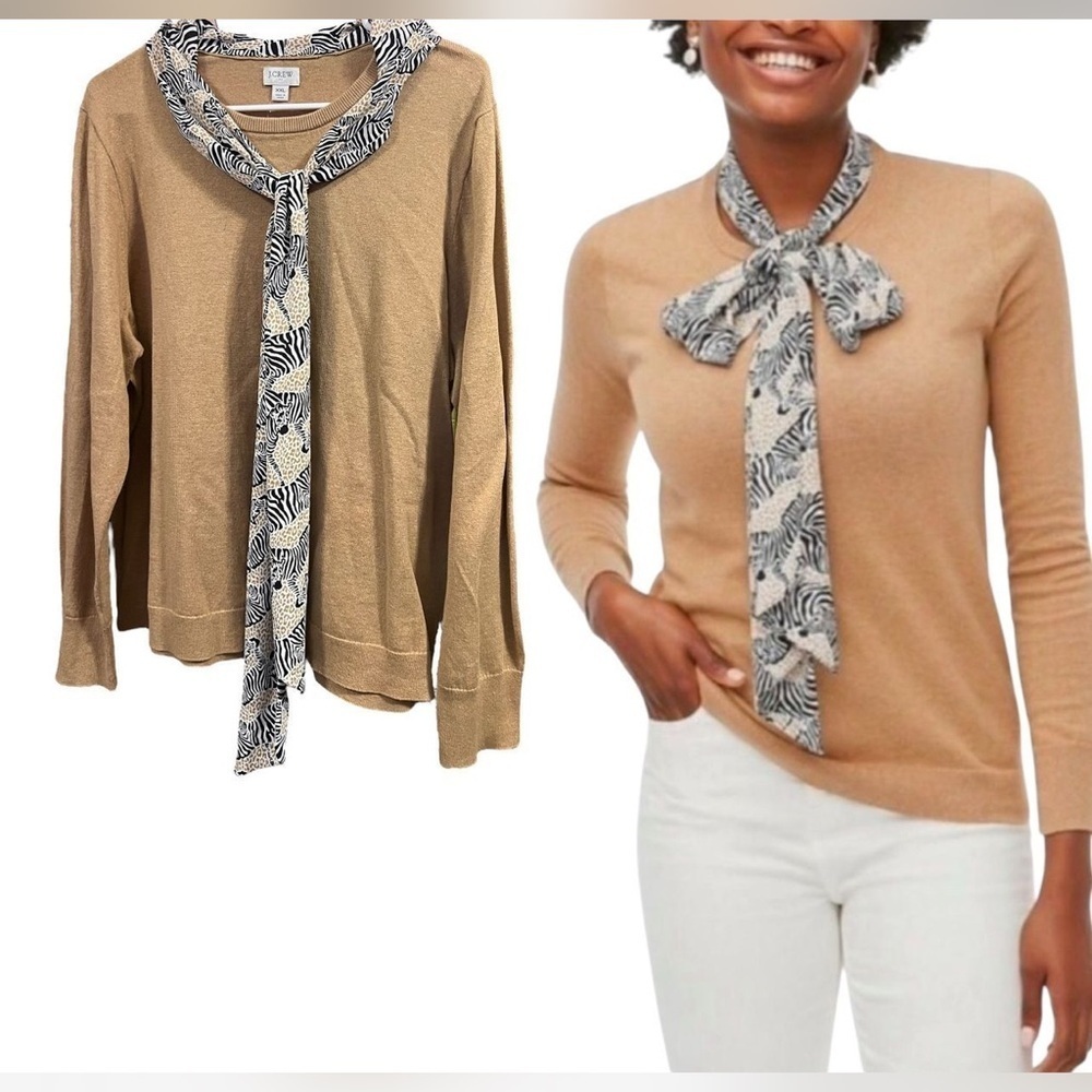 J. Crew Camel Brown Sweater with Zebra Print Attached Scarf new with tags